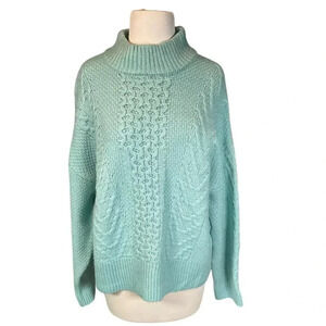 Retrology Women's Mint Green Chunky Cable Knit Mock Turtle Neck Sweater Size L